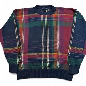 Vintage Nautica knitted multicolor plaid design grandpa grunge sweater large